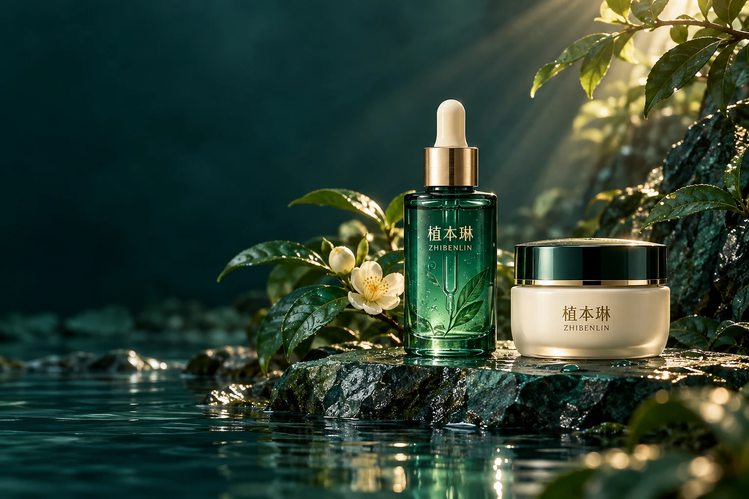 植本琳精华与面霜置于植物、清水与石台之间的品牌概念图